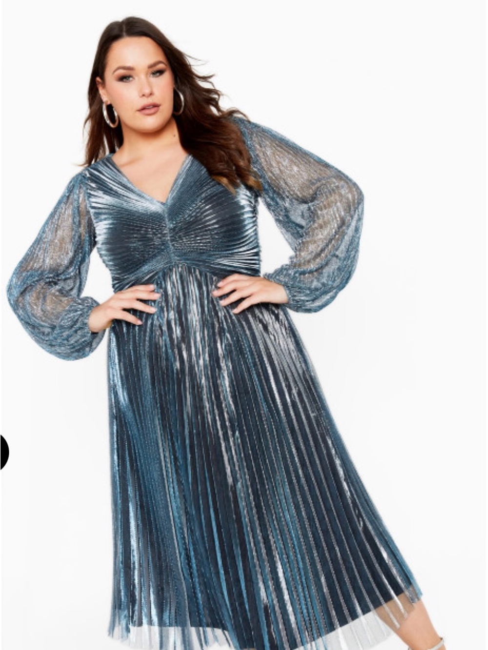 Avenue Teal Pleated Sparkly mesh Long Sleeve Dress